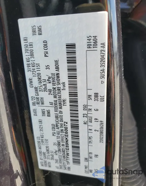 2022 Ford F150 Supercrew из США, поврежденный, VIN 1FTFW1E89NKE60072